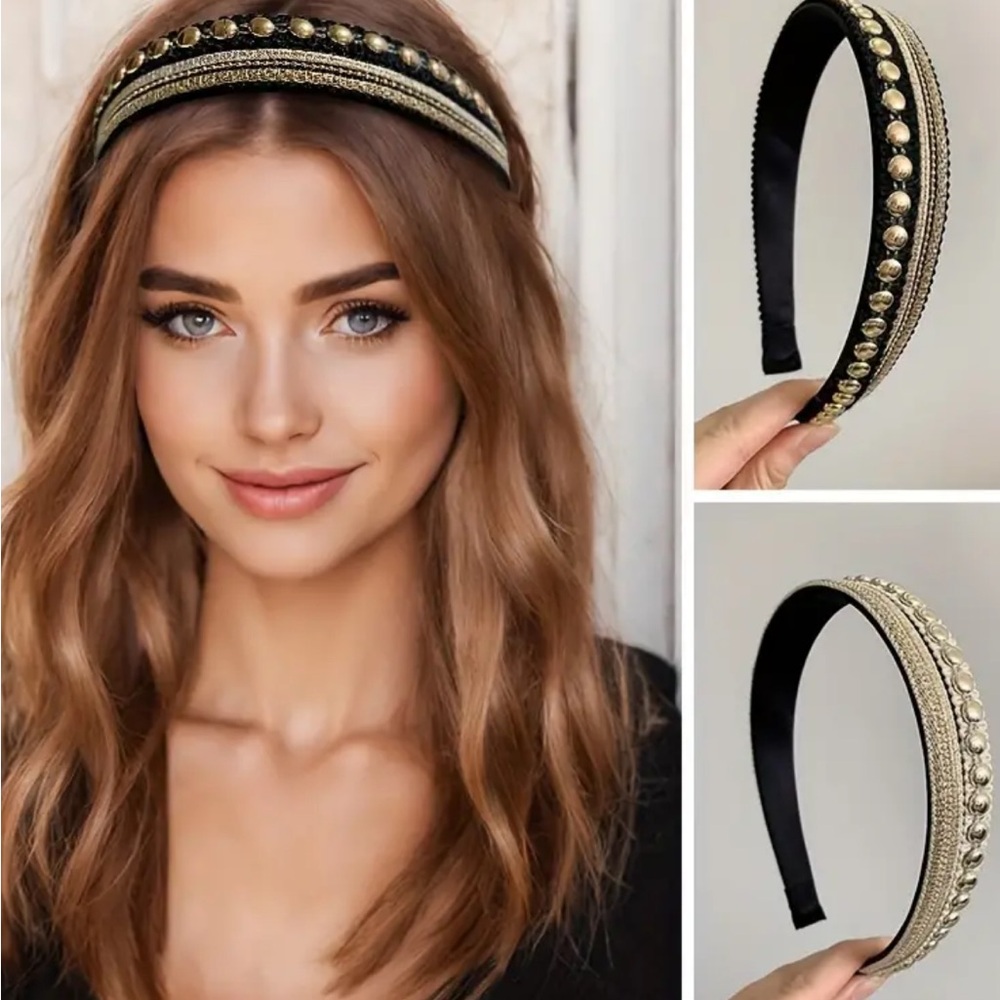 Elegant Gold Studded Off White Headband - Picture 2 of 2